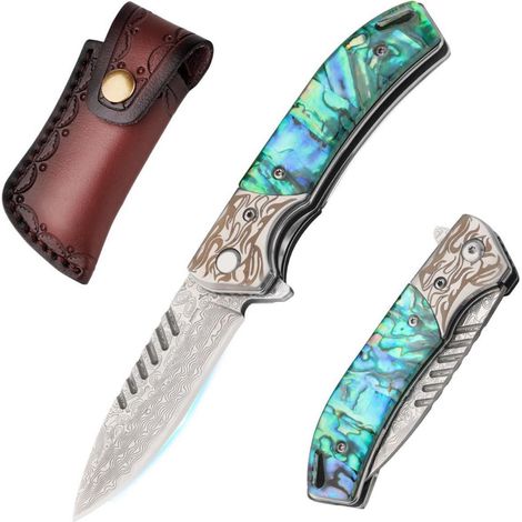 Damast Klappmesser mit Abalone-Griff, Einhandmesser, Geschenk für Männer