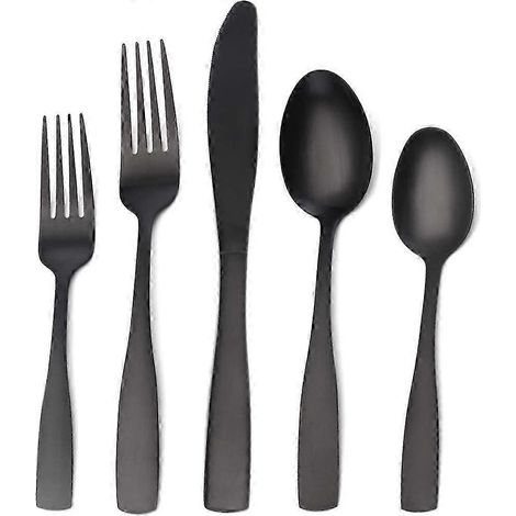 Ensemble de couverts 5 pièces en acier inoxydable satiné noir mat (25-26 pièces), compatible lave-vaisselle, en acier inoxydable satiné. (1/4)