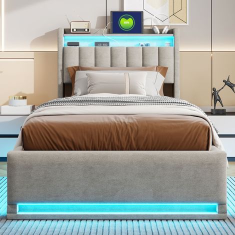 Superaly Lit Coffre Double 90x200 cm, Tête de Lit en Velours avec Rangement Intégré, Rangement mécanisme à gaz, éclairage LED télécommandé, Port USB, Lit Adulte de style Moderne, Gris (1/5)