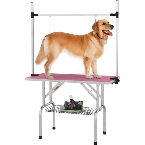 PawHut mesa de peluquería canina plegable, mesa de aseo con cesta, encimera antideslizante, barra de acero inoxidable ajustable, 107x60x164 cm, rosa