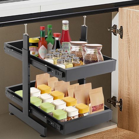 Lot de 2 Tiroirs Coulissants Cuisine, Largeur 41–60 cm, Profondeur 53 cm, Tiroir Télescopique Métallique, Organisateur d'Armoire, Montage Adhésif, Vis, Noir (1/5)