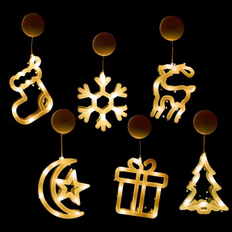 Luces Navideñas Para Ventana - Siluetas Iluminadas De Campana Árbol Reno Estrella Copo De Nieve - Funcionan Con Pilas - Con Ventosa - 6 Unidades (1/5)