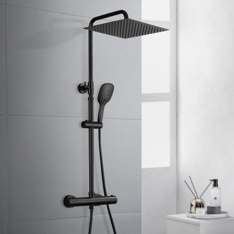 Görbach Thermostat Duschsäule Schwarz Matt – Duschsystem mit 38°C Sicherheitssperre, eckige Kopfbrause 25x25 cm, höhenverstellbare Edelstahl-Duschstange, Handbrause, Ideal für Familienbäder