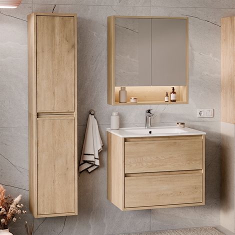 Set composto da mobile con lavabo singolo da incasso da 60 cm, colonna e armadio a specchio Edmé Bois (1/5)