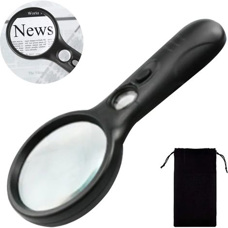 Lente d'ingrandimento illuminata 3X 45X, lente di lettura illuminata con LED, design leggero e alta chiarezza per anziani, gioiellieri, appassionati di fai-da-te, lettura - con panno per lente e sacch (1/4)