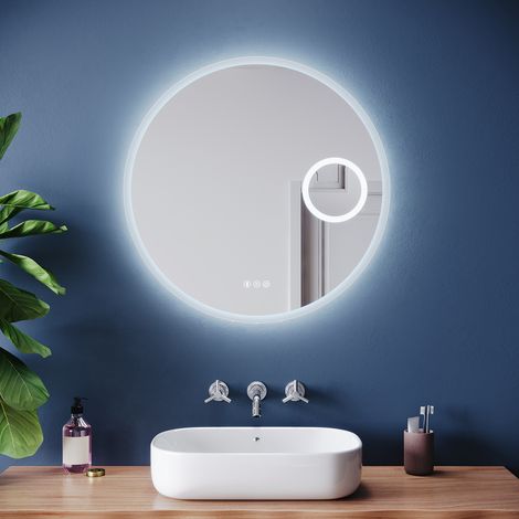 SIRHONA Miroir lumineux de salle de bain - Miroir de salle de bain rond antibuée avec Bluetooth, trois modes d'éclairage et grossissement x3, 80 x 80 cm
