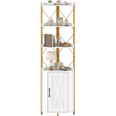 Corner Cabinet with 5 Shelves, 180cm High Corner Shelf with Anti-Fall Guardrail & 2 Anti-Tip Kits, White (1/5)