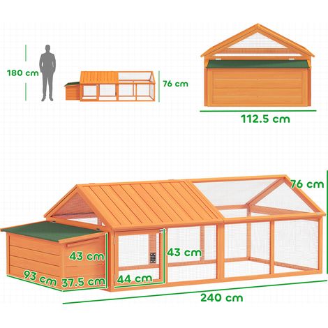 Poulailler en bois (pour 4 à 8 poules, avec grillage et toit rétractable), 240 x 112,5 x 76 cm, orange (1/5)