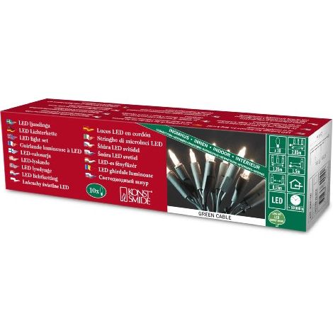 Konstsmide 6300-100 Mini catena luminosa a LED, 10 diodi a luce bianca calda, design retro, 230 V, 0,76 W, per interni, cavo verde (1/3)