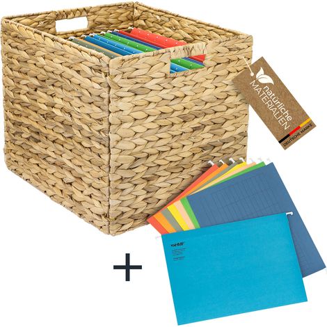 HMF Aufbewahrungskorb für DIN A4 Hängeregister passend für KALLAX Regal, Korb geflochten aus Wasserhyazinthe mit Griffen, inkl. 8 Hängeregister, 33 x 38 x 32 cm, Natur
