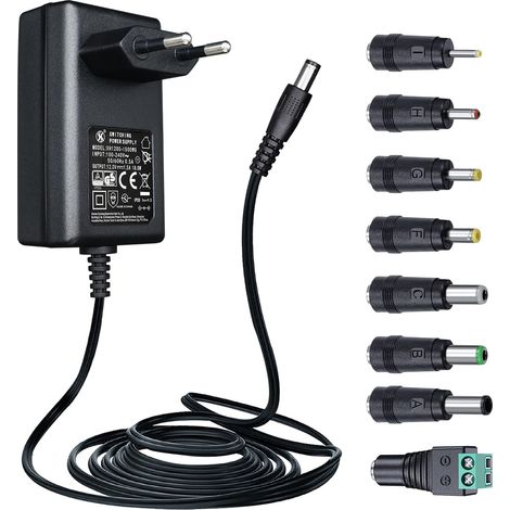 Adaptateur d'alimentation 12V 1.5A/1500mA AC 100-240V 50/60Hz vers DC 12V 1.5A Prise Murale Centre Positif, Câble de 1,8m de Long, 8 Embouts interchangeables Inclus (1/5)