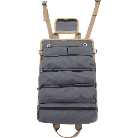 Sac de rangement roulant pour outils, portatif multifonction, en toile Oxford, compartiments séparés, organisateur pour jardinage et camping, gris. (1/5)