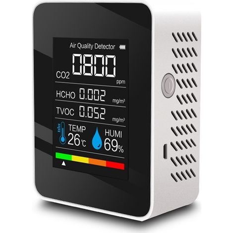 Tragbarer 6-in-1-Luftqualitätsmonitor mit Thermometer, Hygrometer, Farbdisplay, Alarmfunktion, wiederaufladbar, für Zuhause, Büro, Auto und Camping. Messt Formaldehyd, HCHO, TVOC und CO₂.