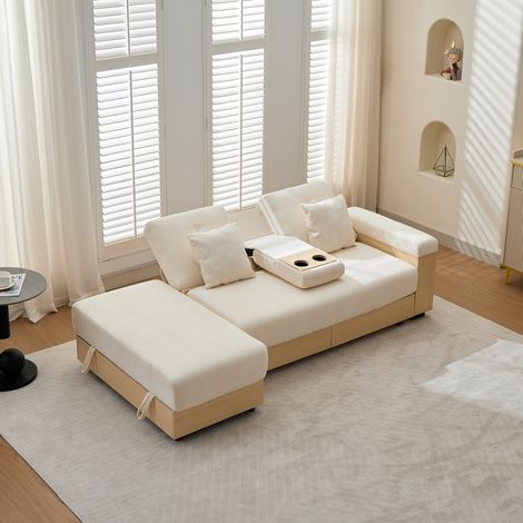 Sofá convertible con almacenaje, respaldo 3 posiciones, 217 x 110 x 90 cm, chenilla beige OKMYHOME (1/5)