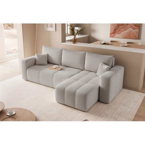 Ecksofa Schlafsofa Sofa LEROS in Stoff Manila Hellgrau Ottomane Rechts