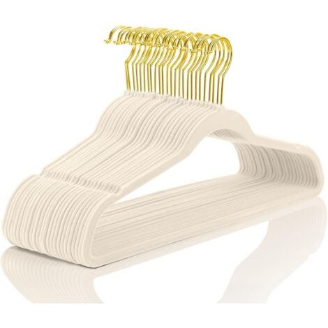 QORVA-Lot de 50 cintres en velours de qualité supérieure robustes – Antidérapants – Cintres fins en velours ivoire – Crochets dorés pour économiser de l'espace (1/5)