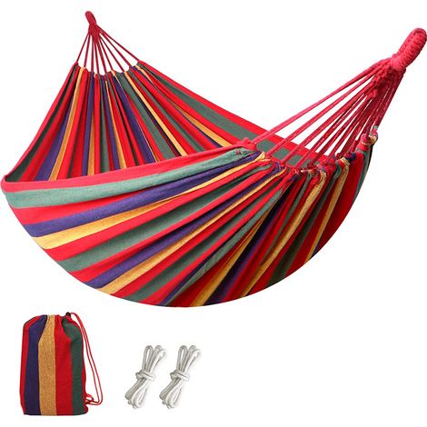Hängematte für 2 Personen, Doppelhängematte aus Segeltuch 220 x 160 cm, Gesamtlänge 330 cm, Tragfähigkeit 250 kg, Hängematte für drinnen und draußen, rote Doppelhängematte aus Segeltuch.
