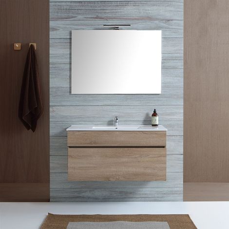 Kiamami Valentina – Meuble de salle de bain suspendu 100 cm en bois de chêne – Lavabo céramique – Tiroir grande capacité – Fixation murale (1/5)