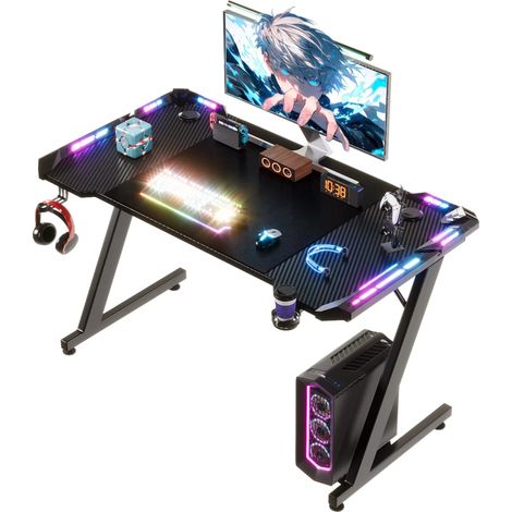 Bureau Gaming avec LED 120 x 60 cm, Table pour PC Gamer avec Pieds en Z, Porte-Gobelet et Design Ergonomique (1/5)