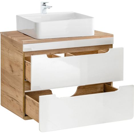 Waschtischunterschrank 80 cm mit 51 cm Keramikbecken LUTON-56 Hochglanz weiß mit Wotan Eiche Nb. B/H/T ca. 81/75,5/46 cm (1/5)