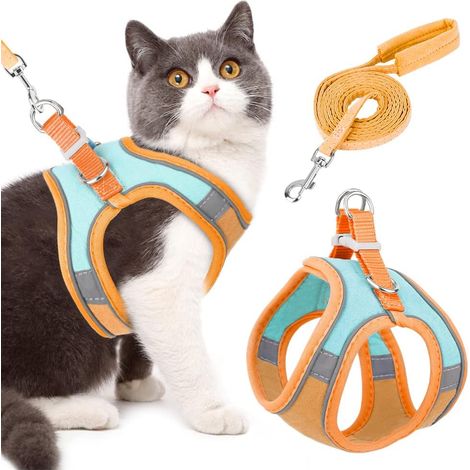 Ensemble harnais et laisse pour chat, idéal pour les promenades. Harnais et laisse réglables, en imitation daim souple et résistant, avec bande réfléchissante, pour chats de grande, moyenne et petite  (1/5)