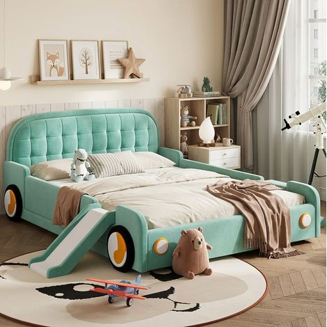 Cama infantil tipo cabaña de 140x200 cm con tobogán y escaleras reversibles, protección lateral, terciopelo - azul verdoso (1/5)
