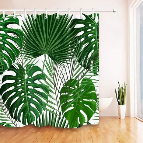 Rideau de Douche Tropical Jungle Plant Rideaux De Salle De Bains Étanche Anti-Moule Vert Feuilles Motif Polyester Tissu Décor À La