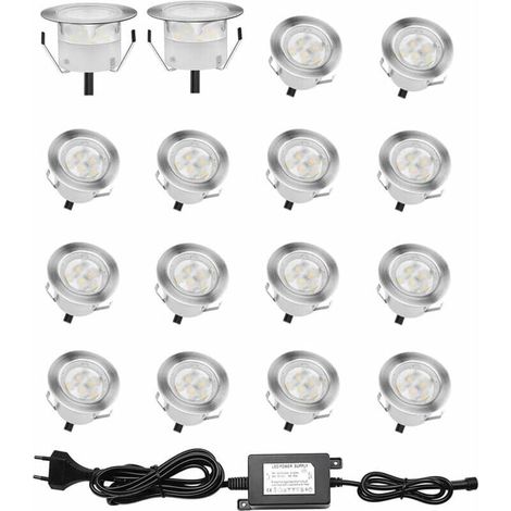 Lot de 16 Spots LED Encastrable pour Terrasse Bois, Etanche IP67, Spots à Encastrer Extérieur, 0,6W DC12V, Lumière Blanc, Kit Mini Lampe pour Chemin Contremarches d'escalier Plafond [Classe énergétiqu