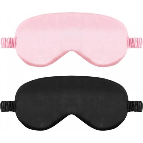 Lot de 2 masques de sommeil en soie, bandeau en satin doux avec sangle élastique, masque de nuit confortable pour femmes et hommes (noir et rose) (1/5)