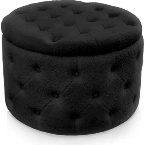 Pouf mit Stauraum aus schwarzem Teddystoff Ø60x43