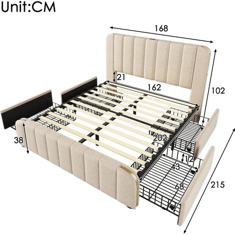 Lit capitonné double, tête de lit rembourrée ornée de rayures décoratives dorées et fonction de chargement USB Type-C, 160200 cm, revêtement en lin beige avec 4 tiroirs, capacité de charge 200 kg (san (1/4)