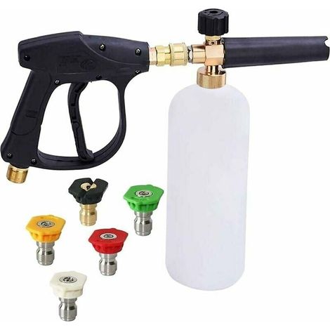 Pistola a schiuma ad alta pressione, erogatore di sapone con lancia a schiuma da neve regolabile da 1/4" a sgancio rapido da 1 l, flacone con 5 ugelli e pistola a lancia a schiuma per autolavaggio