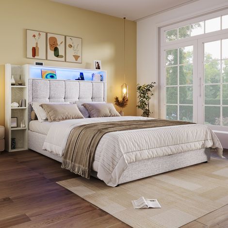Lit capitonné 90x200cm, sommier rembourré avec chargeur USB-C, sans matelas, coffre de rangement polyvalent, éclairage LED, contrôle tactile/appli, lin beige (1/5)