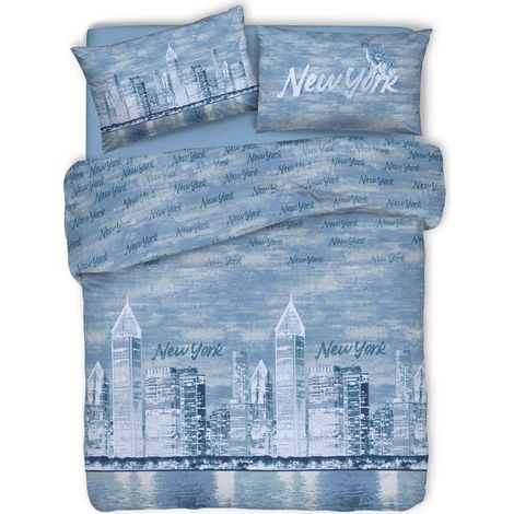 Copripiumino parure sacco e federa New york 100% cotone singolo matrimoniale Blu - Singolo