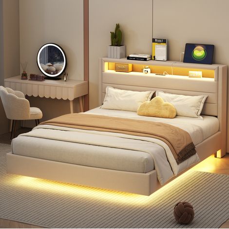 Cama tapizada 140x200 cm beige de lino con LED multicolor, puerto USB y cabecero abatible (1/5)