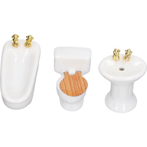 Ensemble de salle de bain miniature pour maison de poupée, comprenant 3 pièces : baignoire, toilettes et lavabo (réplique en céramique), échelle 1:24, mobilier de salle de bain pour maison de poupée,  (1/5)
