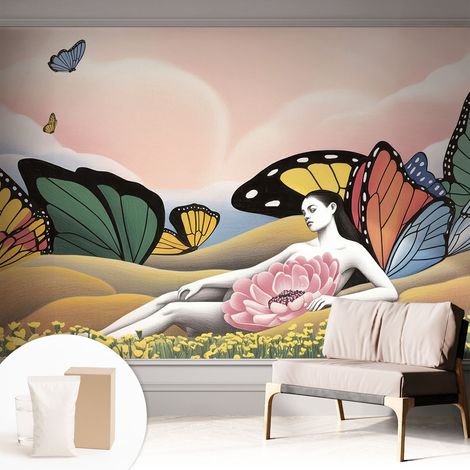 Papier peint intissé décoratif pour salon chambre et cuisine Facile à poser avec colle Prairie aux papillons 312x219 cm (1/5)