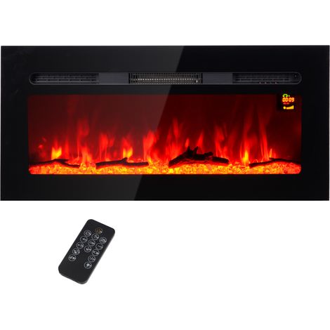 Cheminée électrique murale avec avec télécommande pliable 1800 W noire pour salon télécommande, bûches cristaux artificiels, puissance (1/5)