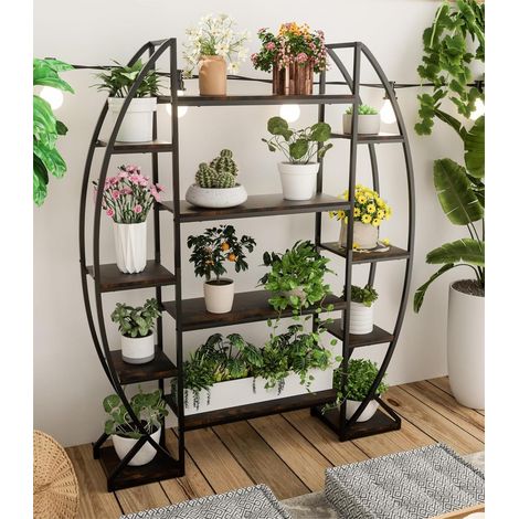 UNHO Étagère à Plante Porte Plante Multifonction à 8 Niveaux - Grand Support Fleurs Décoratif pour Balcon Salon Bureau Intérieur - Vintage en MDF et Métal - 125 x 30 x 177cm