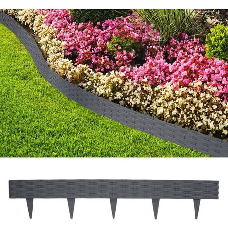5m plastic garden edging with 5 elements of 100cm each, rattan look lawn edging, garden fence flower bed (anthracite) (1/5)