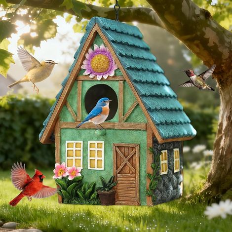 Niche à oiseaux suspendue en résine, Mangeoire pour oiseaux – Adaptée aux colibris, mésanges bleues, pinsons, cardinaux – Idéale pour nidification – Décoration de jardin, terrasse, cour (1/5)