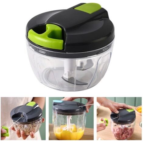 Mini-Handzerkleinerer mit Schnur-Handmixer, manueller Zwiebelschneider für Zwiebeln, Knoblauch, Fleisch, Gemüse, graugrün, 520 ml