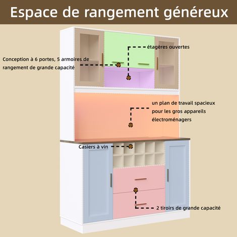 Armoire de rangement, armoire à usage cuisine, meuble de rangement, dimensions : 120x36,3x180 cm. Equipée d’une lumière LED et d’un prise électrique. Six portes, deux grands tiroirs. Couleur : noir/bl (1/5)