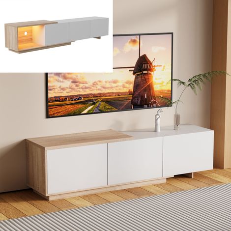 Ausziehbares TV-Lowboard 160-240 cm, TV-Schrank im skandinavischen Stil mit 3 Schubladen, offenen Fächern und sensorgesteuerter LED-Beleuchtung - Weiß