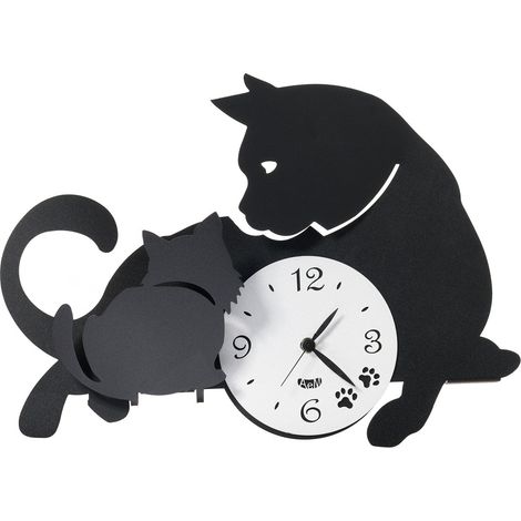 Horloge murale Mamma Gatta 38x27 cm en fer noir - Motif chat et chatons - Mécanisme à piles silencieux - Fabriquée en Italie