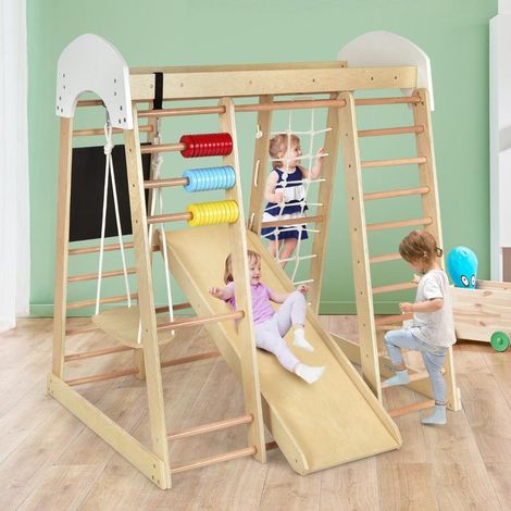 Montage facile jeu d'escalade 8 en 1 avec toboggan et balançoire, structure en bois pour enfants dès 3 ans (1/5)