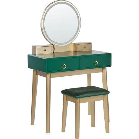 Tocador LED verde esmeralda dorado 80 x 40 cm MDF 4 cajones espejo taburete Fedry (1/5)