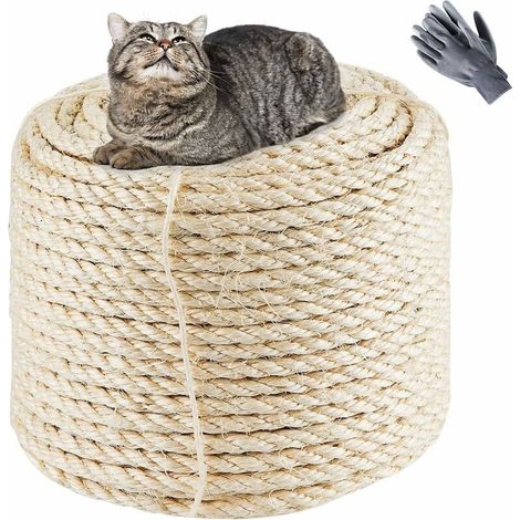 Corde en sisal naturel 8 mm x 60 m, vieille corde de rechange blanche naturelle pour chats avec une paire de gants de protection pour arbre à chat fleur d'arbre à chat-LIAIKI (1/5)