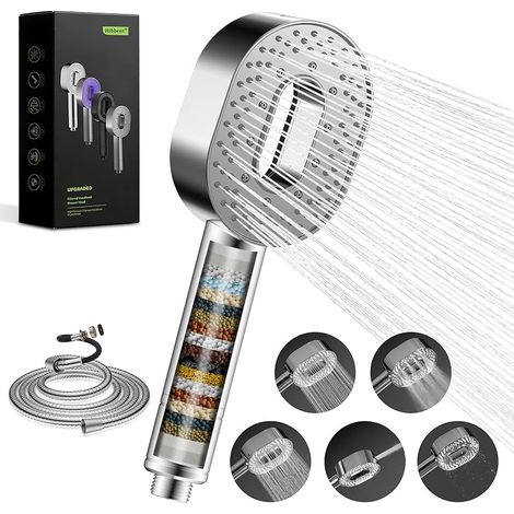 Pommeau de Douche et Tuyau avec Filtre à Eau à 20 Étapes - 5 Modes de Jet de Pulvérisation, Haute Pression, Tuyau de 1,5 m, Filtre Massant pour Enlever le Chlore, Chromé (1/5)