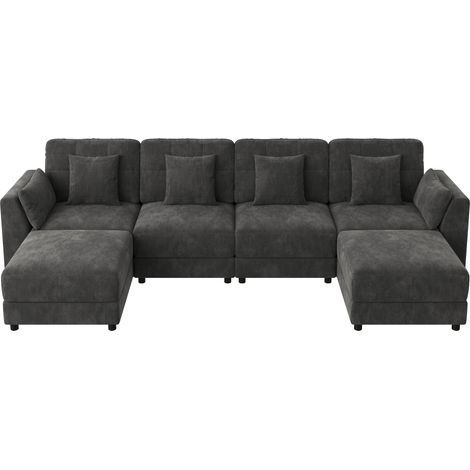 Divano angolare modulare U/L in ciniglia grigio con 2 pouf, LED e tavolino pieghevole (1/5)